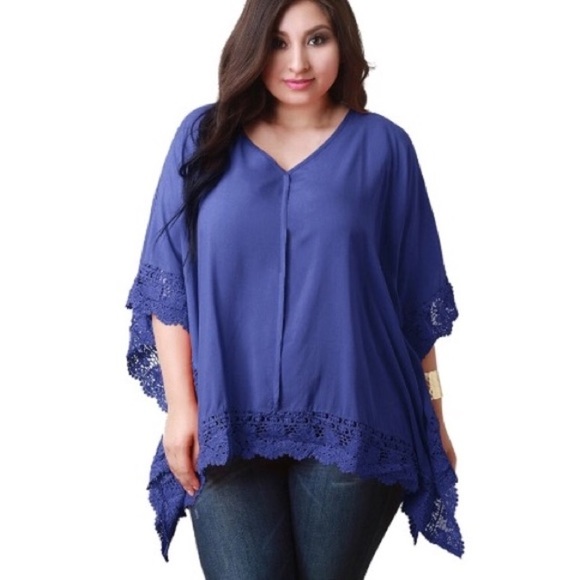 Tops - Violet Crochet Trim Drapey Batwing Sleeve Blouse